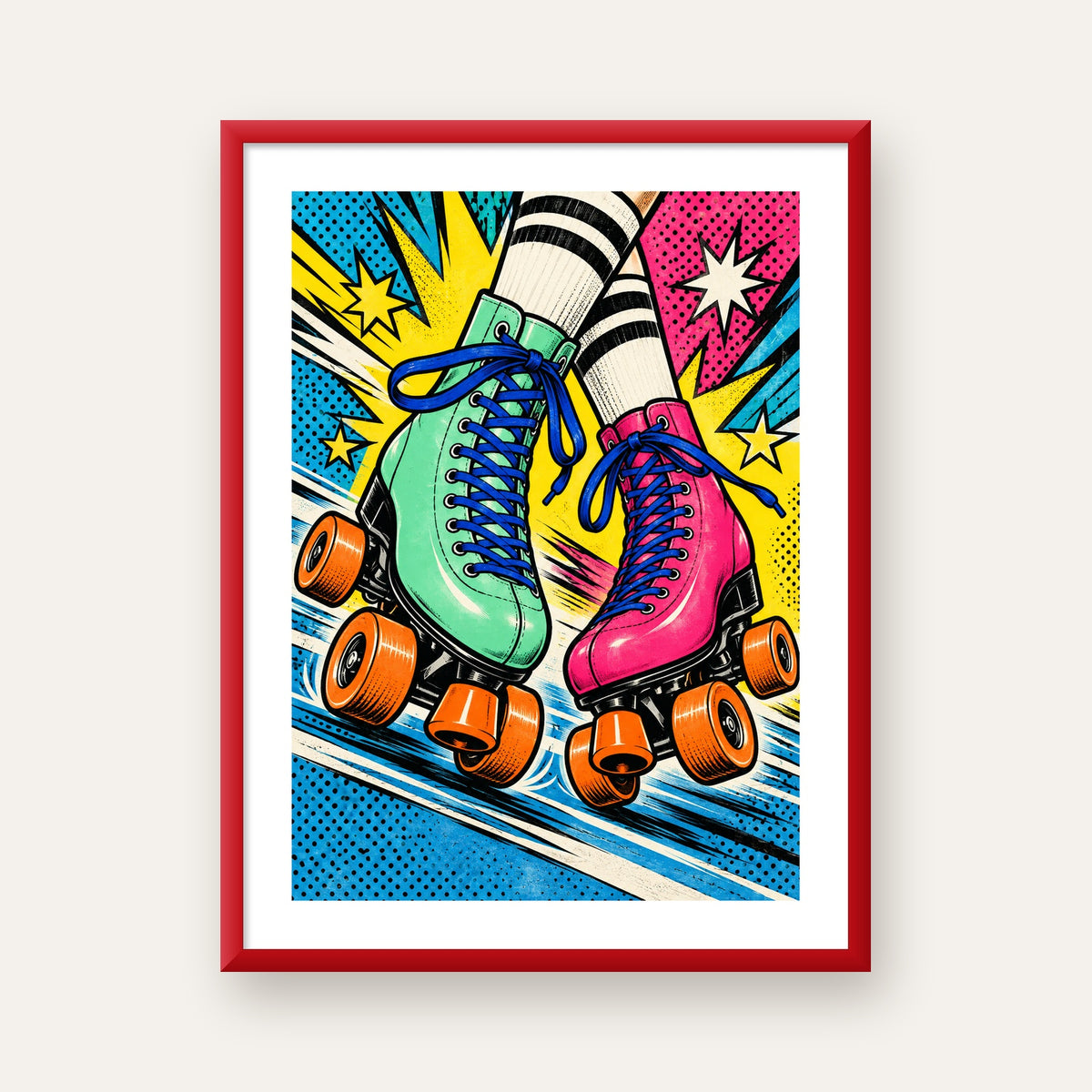 Pop Art Renkli Patenler Poster – Canlı ve Enerjik Duvar Dekoru — kırmızı çerçeveli paspartulu