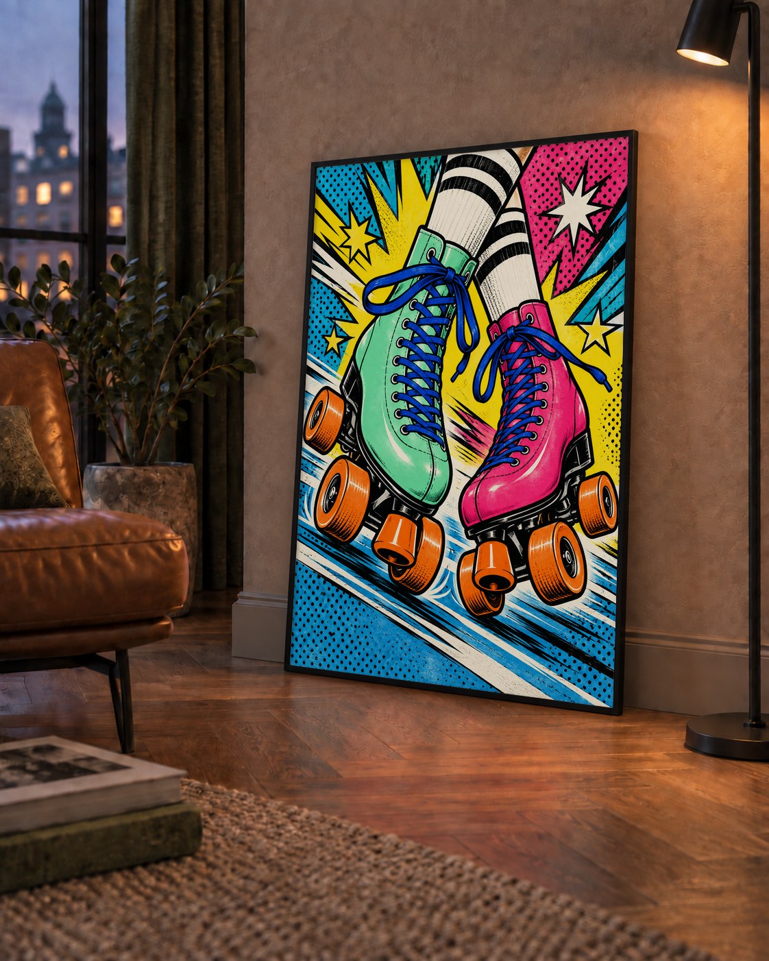 Pop Art Renkli Patenler Poster – Canlı ve Enerjik Duvar Dekoru — çerçeveli hâliyle bir ev duvarında