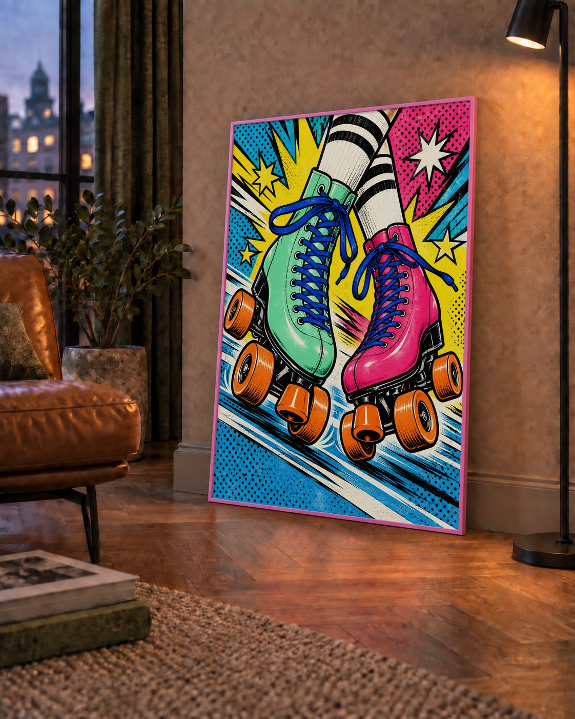 Pop Art Renkli Patenler Poster – Canlı ve Enerjik Duvar Dekoru — çerçeveli hâliyle bir ev duvarında
