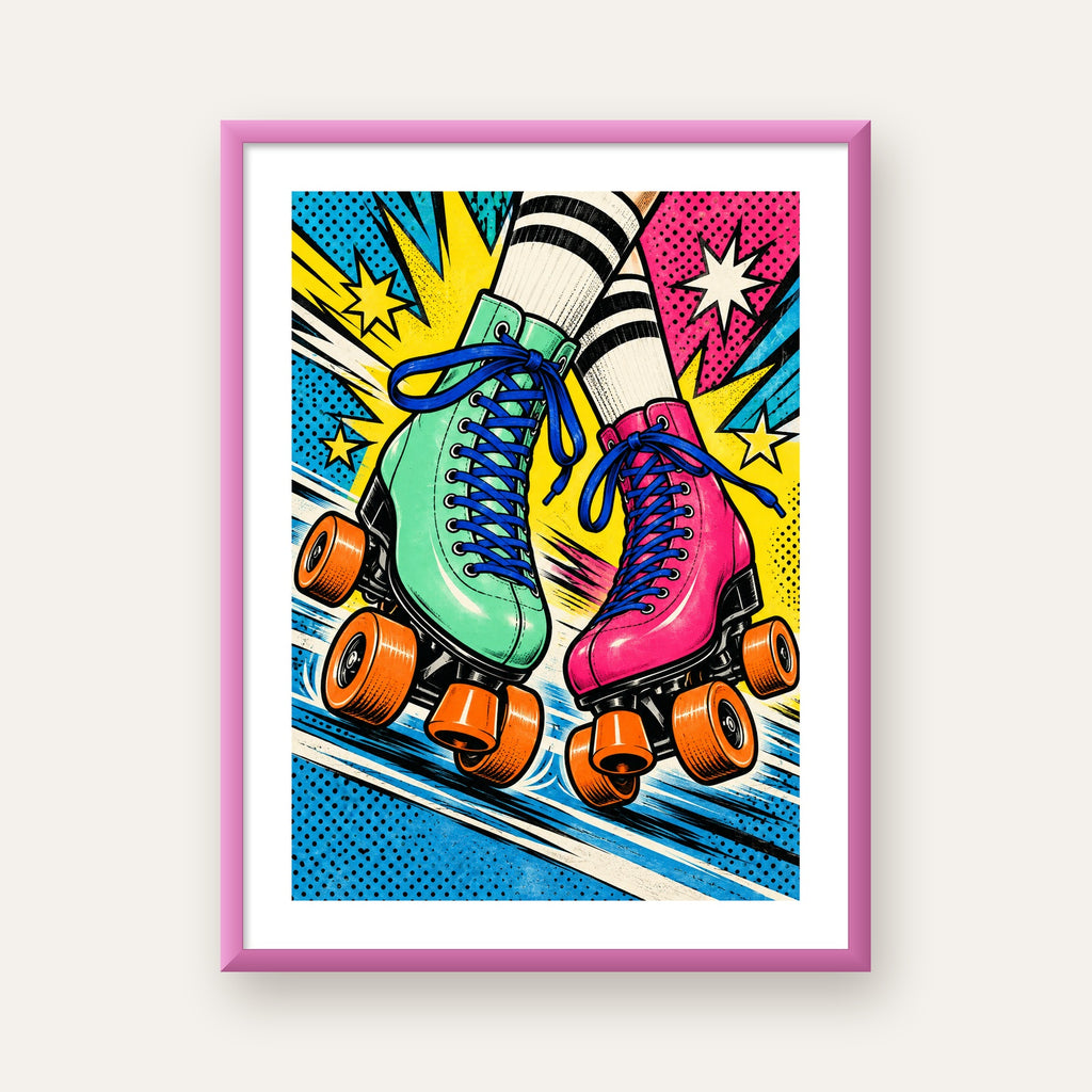 Pop Art Renkli Patenler Poster – Canlı ve Enerjik Duvar Dekoru — pembe çerçeveli paspartulu