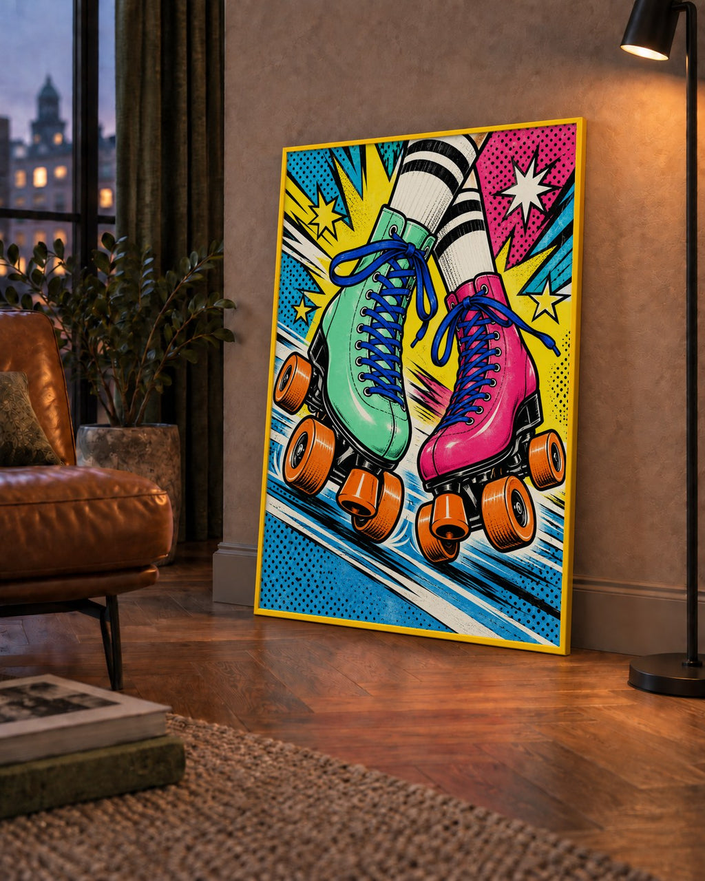 Pop Art Renkli Patenler Poster – Canlı ve Enerjik Duvar Dekoru — çerçeveli hâliyle bir ev duvarında