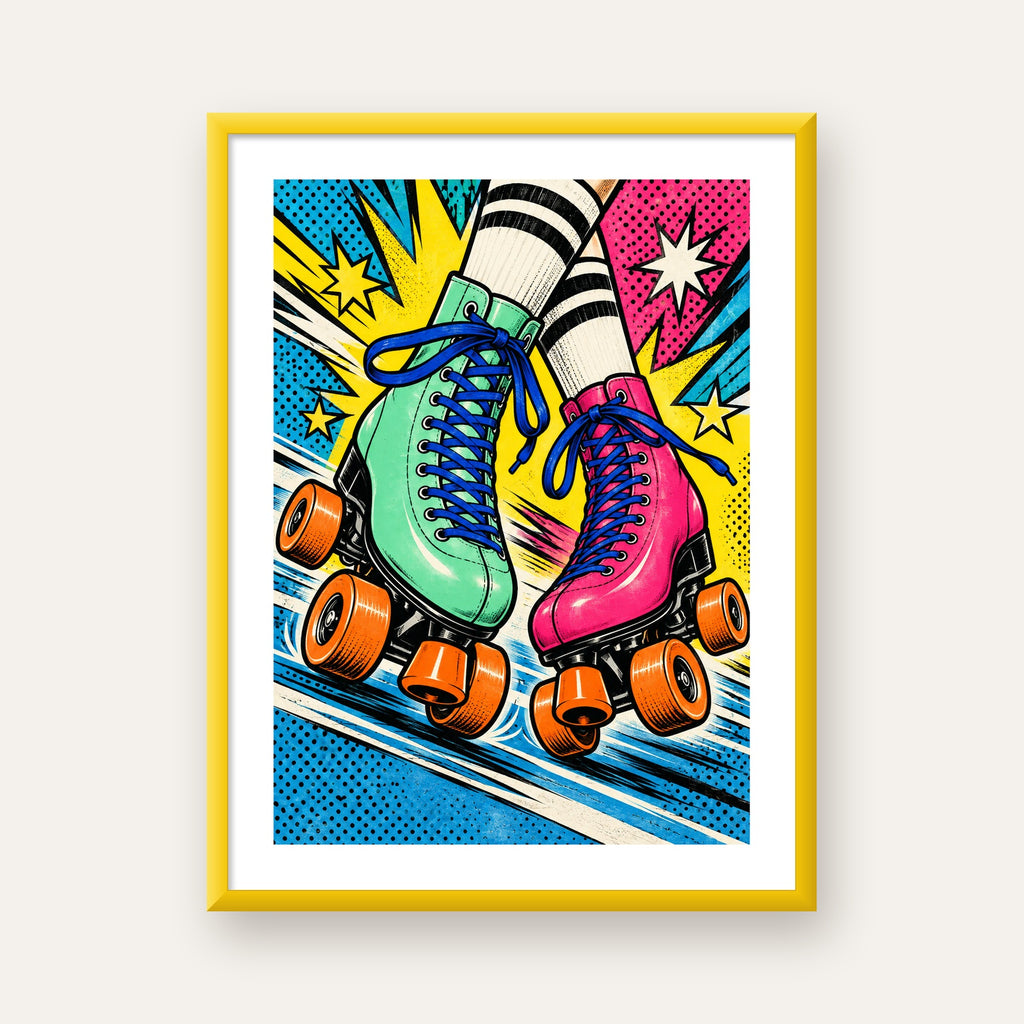 Pop Art Renkli Patenler Poster – Canlı ve Enerjik Duvar Dekoru — sarı çerçeveli paspartulu
