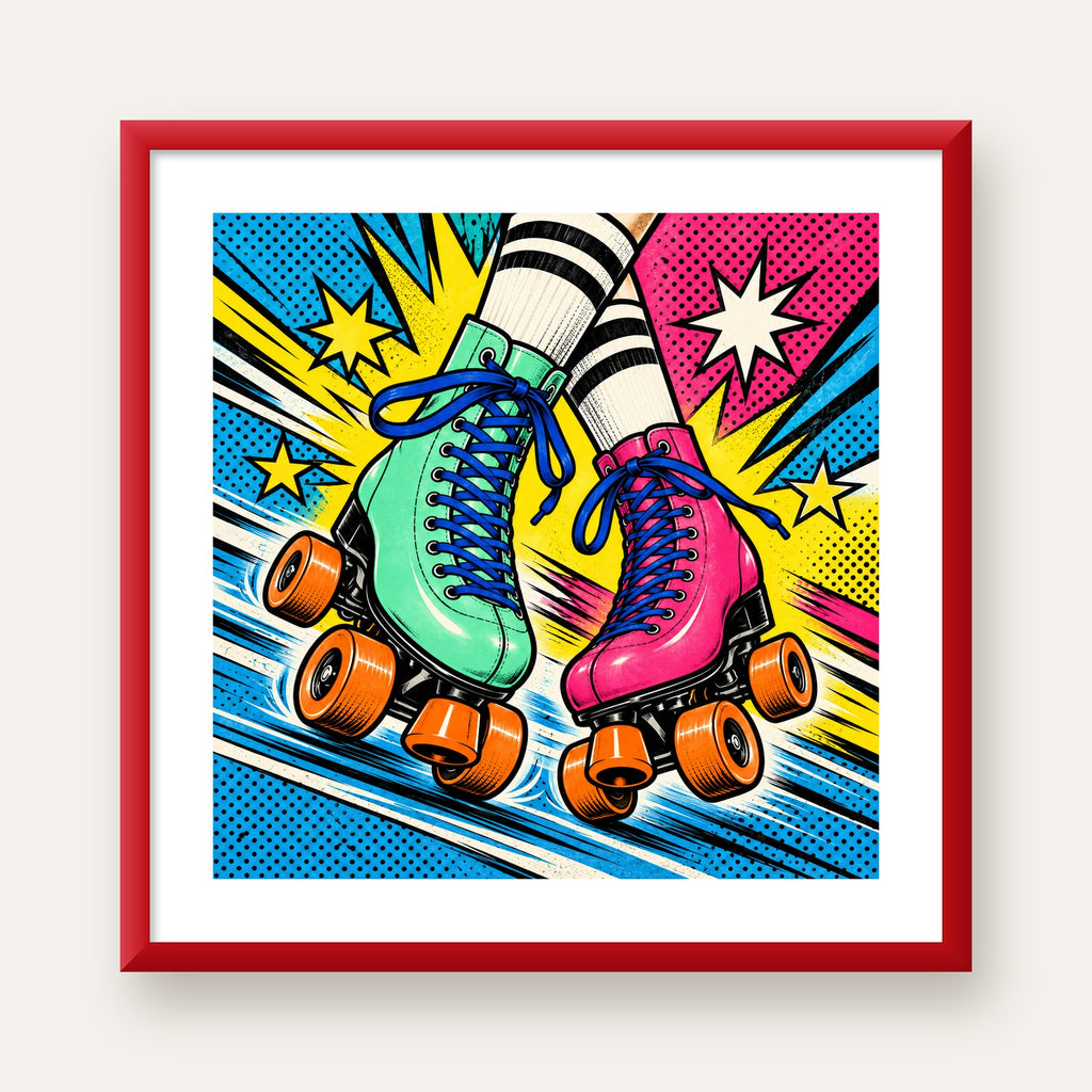 Pop Art Renkli Patenler Poster – Canlı ve Enerjik Duvar Dekoru — kırmızı çerçeveli paspartulu