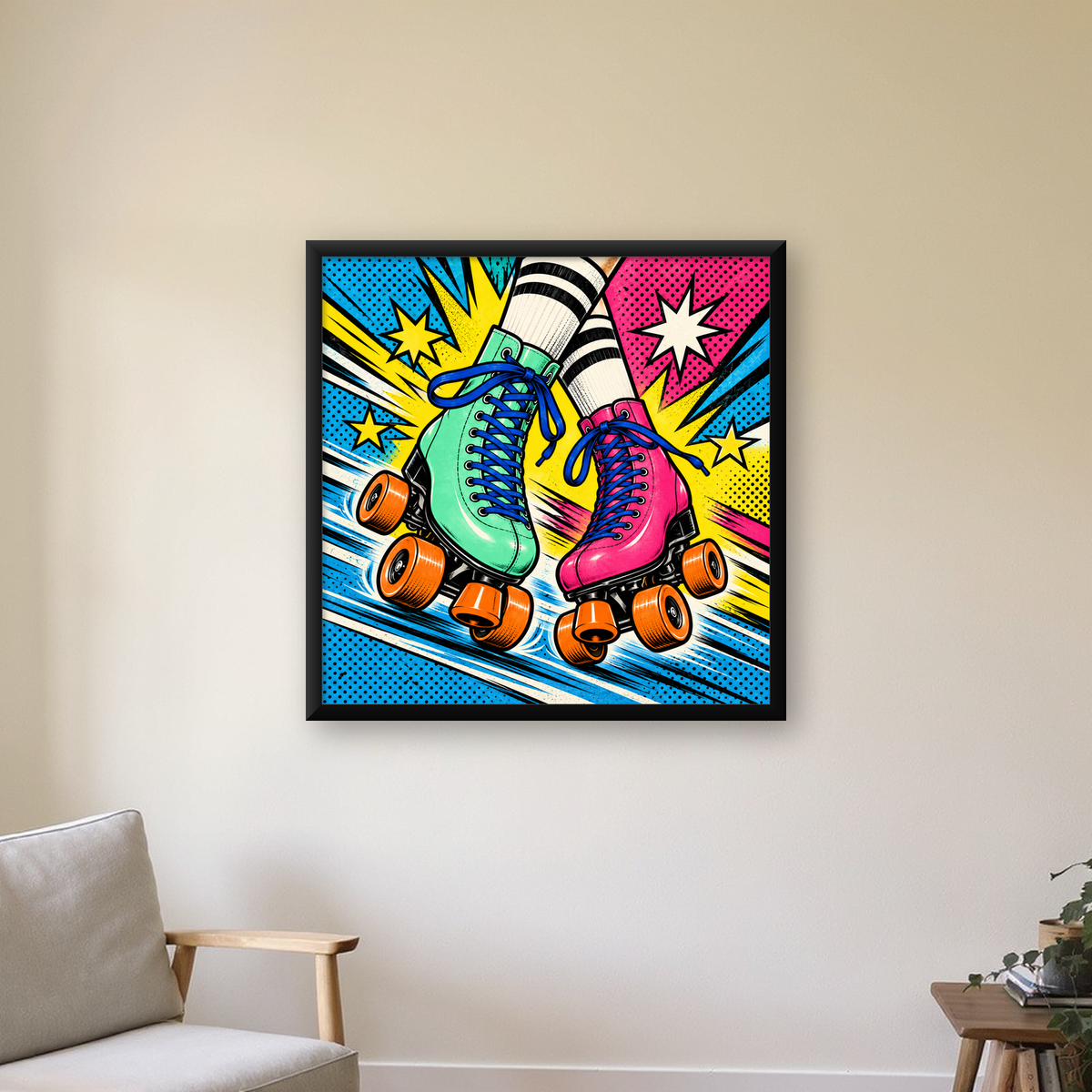 Pop Art Renkli Patenler Poster – Canlı ve Enerjik Duvar Dekoru — Kare baskı, çerçeveli hâliyle bir ev duvarında