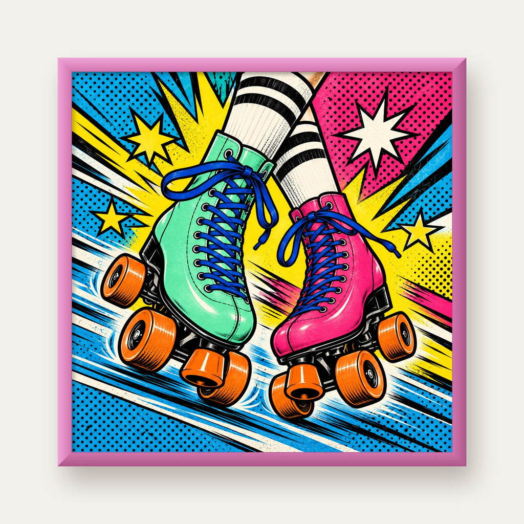 Pop Art Renkli Patenler Poster – Canlı ve Enerjik Duvar Dekoru — pembe çerçeveli
