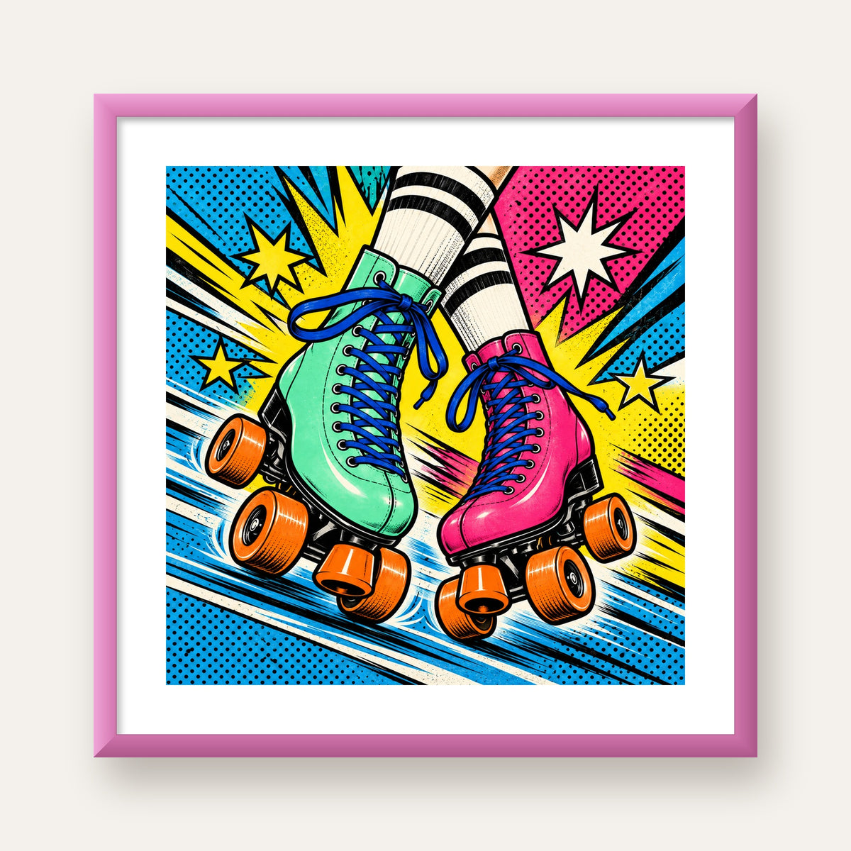 Pop Art Renkli Patenler Poster – Canlı ve Enerjik Duvar Dekoru — pembe çerçeveli paspartulu