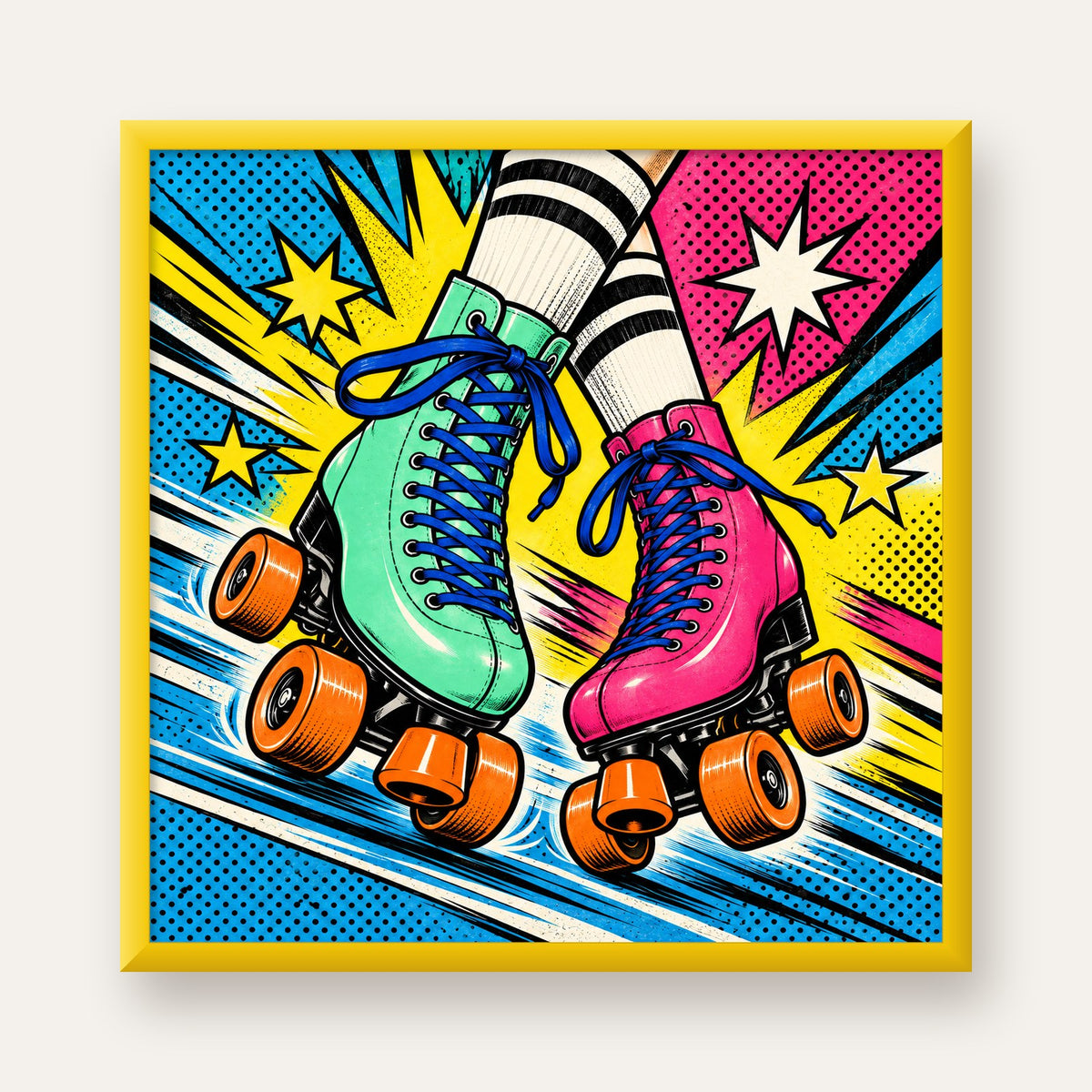Pop Art Renkli Patenler Poster – Canlı ve Enerjik Duvar Dekoru — sarı çerçeveli