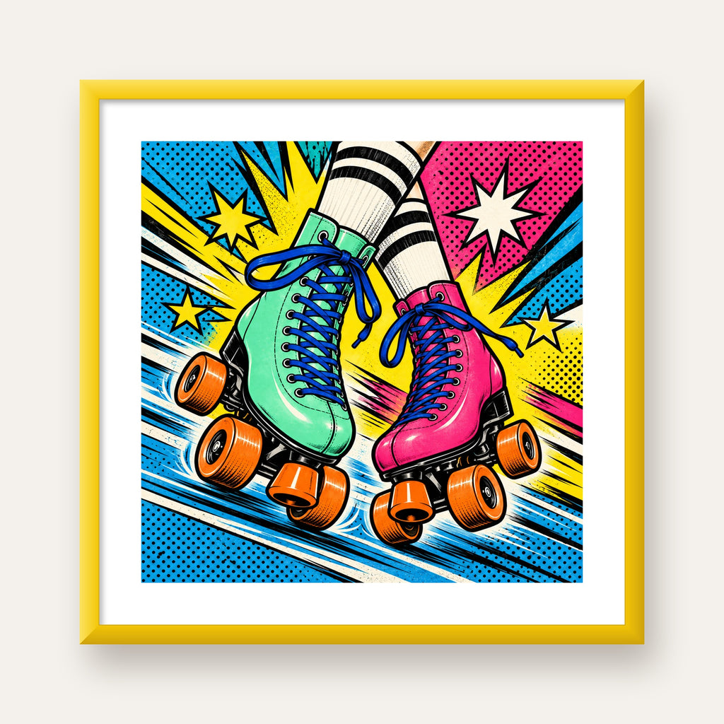 Pop Art Renkli Patenler Poster – Canlı ve Enerjik Duvar Dekoru — sarı çerçeveli paspartulu
