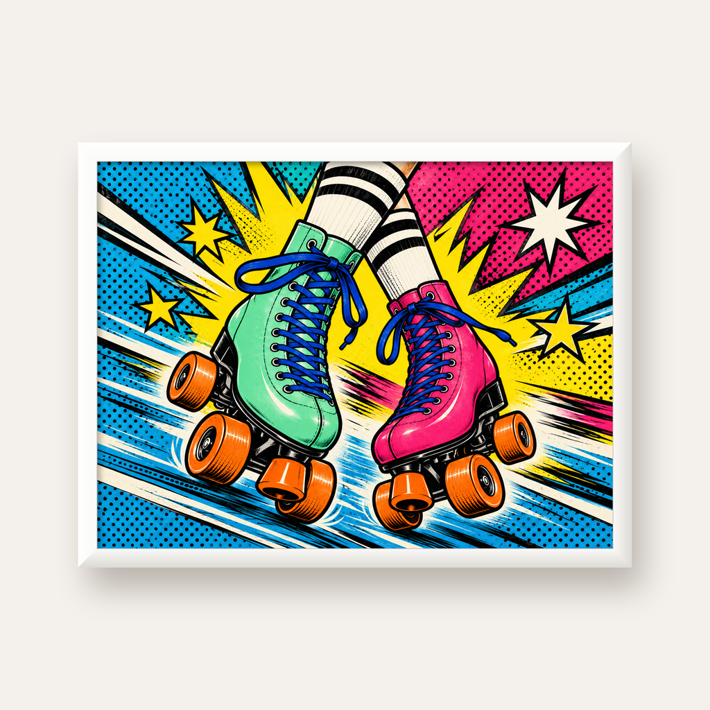Pop Art Renkli Patenler Poster – Canlı ve Enerjik Duvar Dekoru — beyaz çerçeveli yatay poster