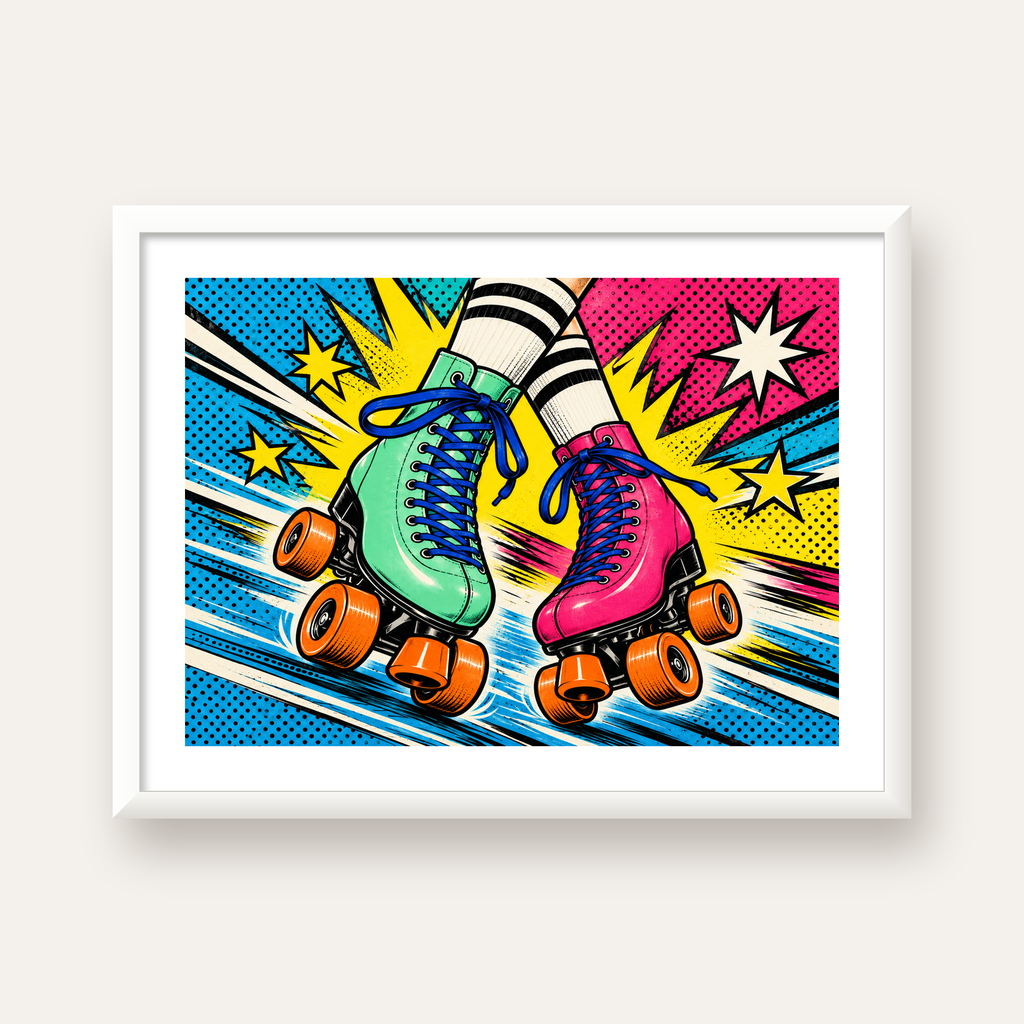 Pop Art Renkli Patenler Poster – Canlı ve Enerjik Duvar Dekoru — beyaz çerçeveli yatay poster