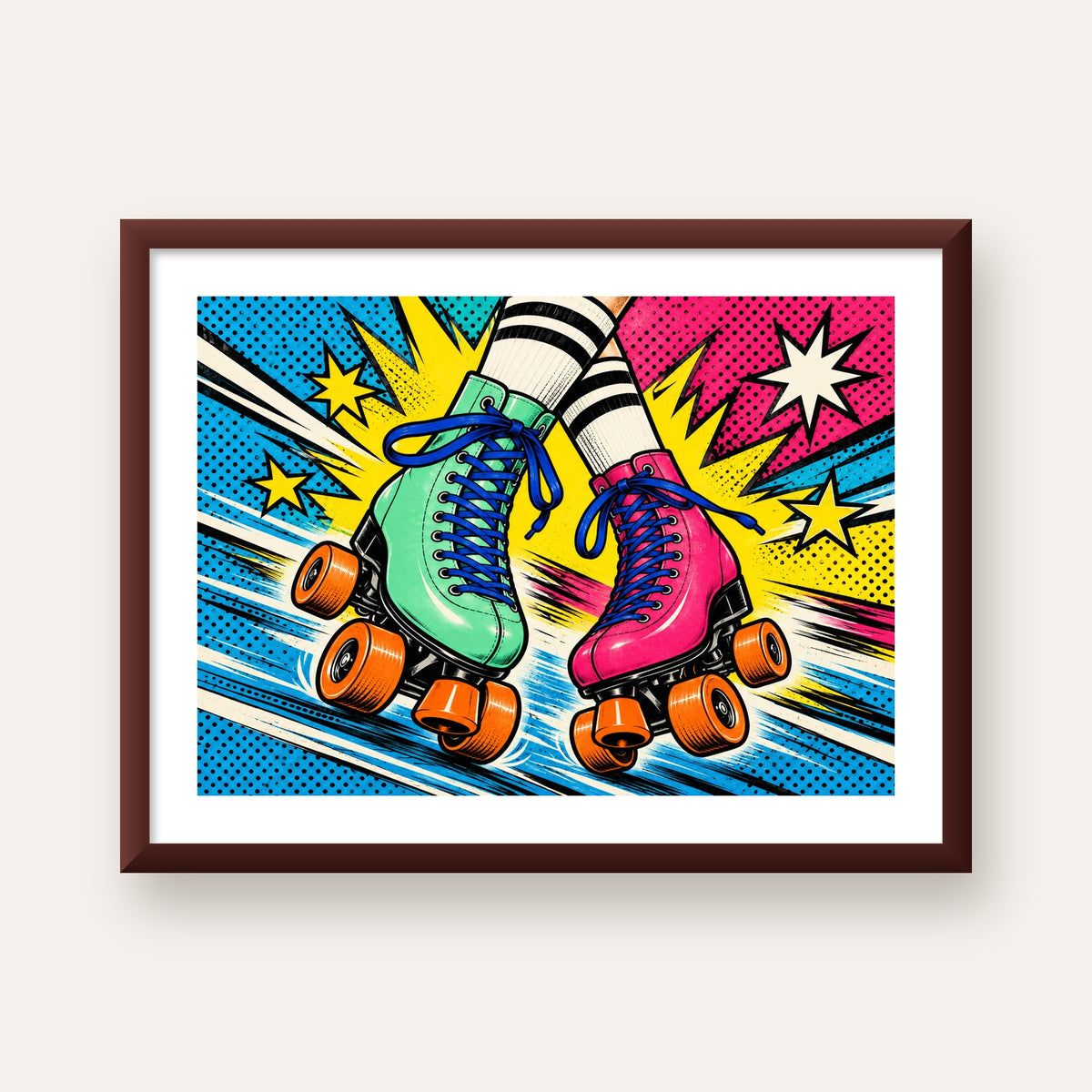 Pop Art Renkli Patenler Poster – Canlı ve Enerjik Duvar Dekoru — ceviz çerçeveli paspartulu