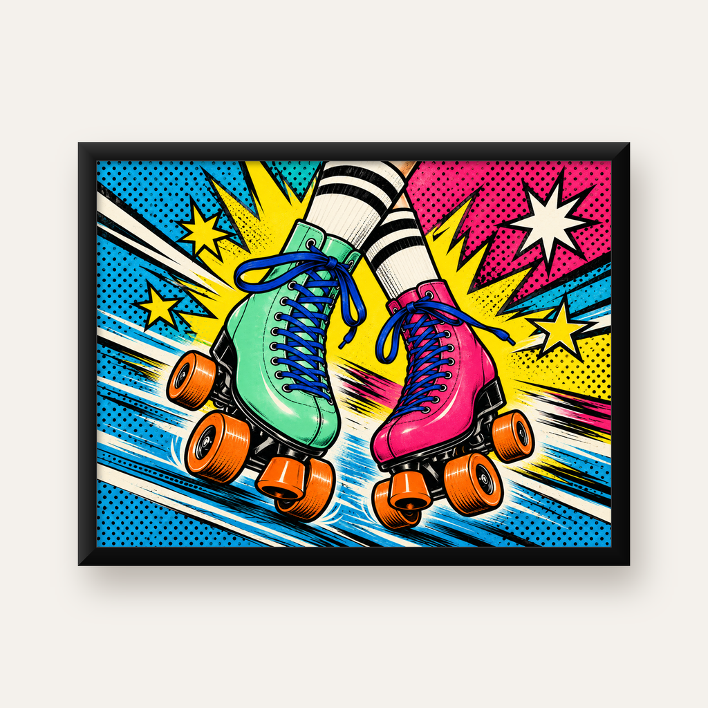 Pop Art Renkli Patenler Poster – Canlı ve Enerjik Duvar Dekoru — Yatay baskı, düz siyah çerçeveli duvar posteri