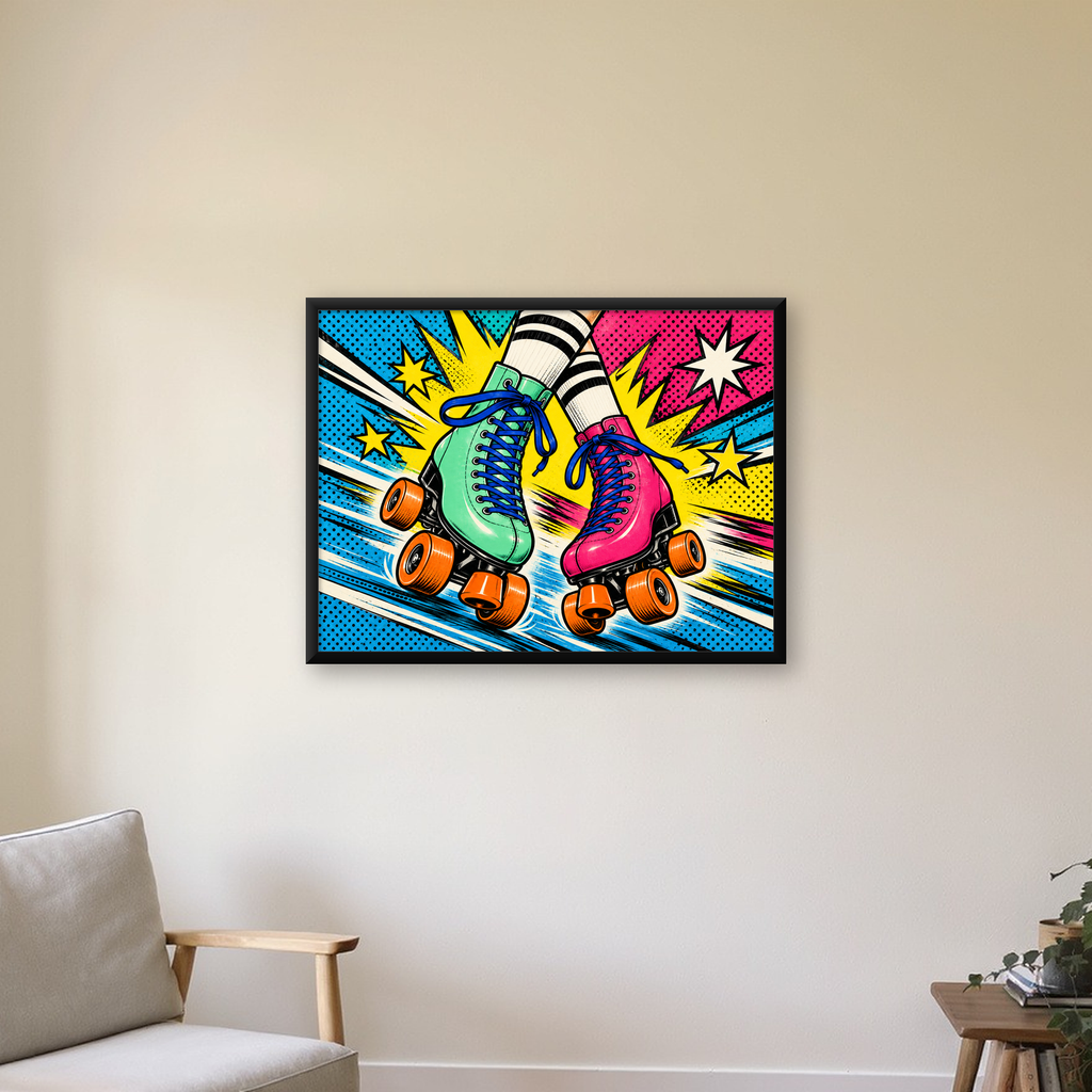 Pop Art Renkli Patenler Poster – Canlı ve Enerjik Duvar Dekoru — Yatay baskı, çerçeveli hâliyle bir ev duvarında