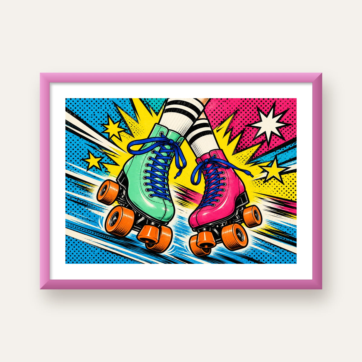Pop Art Renkli Patenler Poster – Canlı ve Enerjik Duvar Dekoru — pembe çerçeveli paspartulu