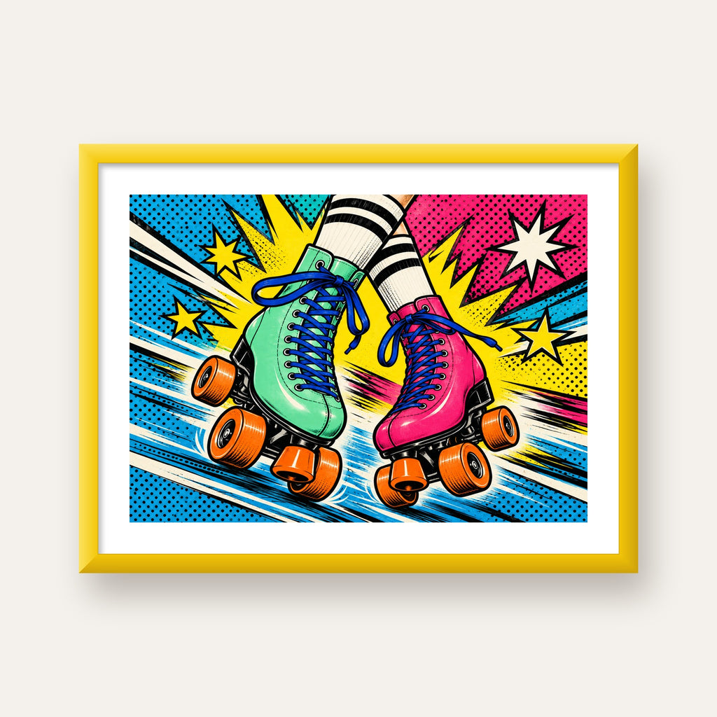 Pop Art Renkli Patenler Poster – Canlı ve Enerjik Duvar Dekoru — sarı çerçeveli paspartulu