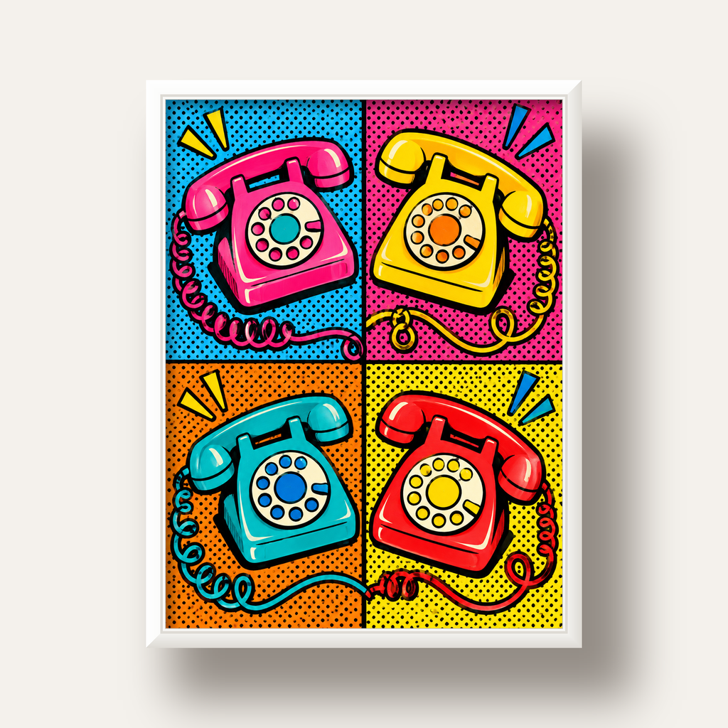 Retro Pop Art Telefonlar Poster – Canlı 4 Bölmeli Tasarım — beyaz derin çerçeveli