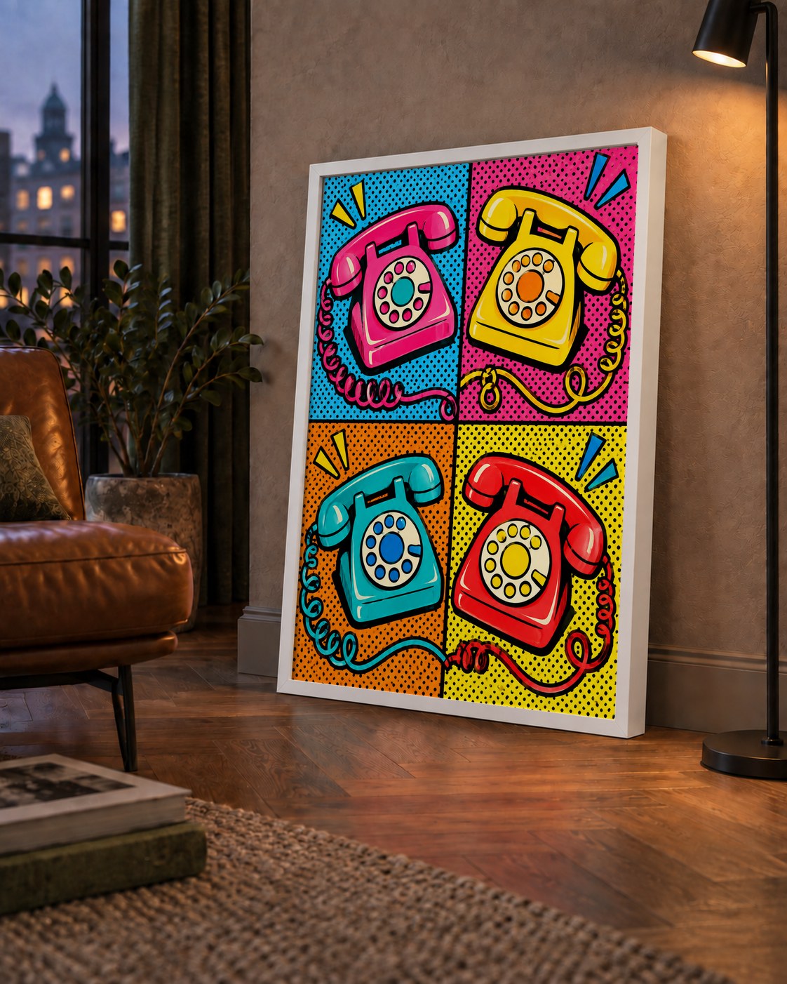 Retro Pop Art Telefonlar Poster – Canlı 4 Bölmeli Tasarım — çerçeveli hâliyle bir ev duvarında
