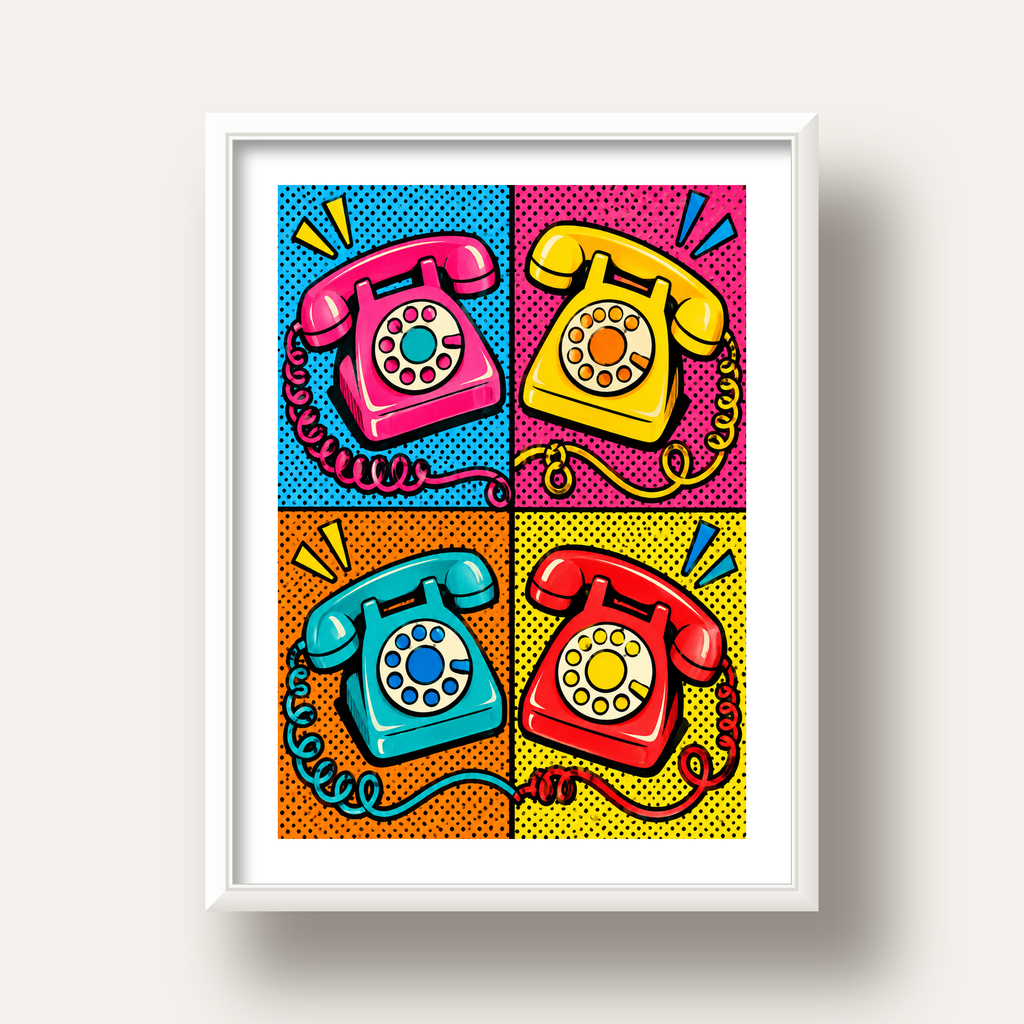 Retro Pop Art Telefonlar Poster – Canlı 4 Bölmeli Tasarım — beyaz derin çerçeveli paspartulu