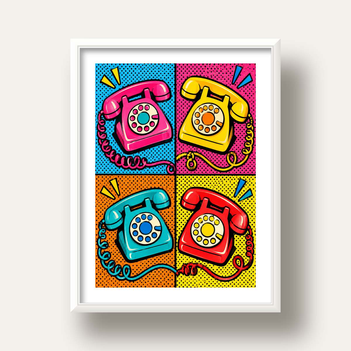 Retro Pop Art Telefonlar Poster – Canlı 4 Bölmeli Tasarım — beyaz derin çerçeveli paspartulu