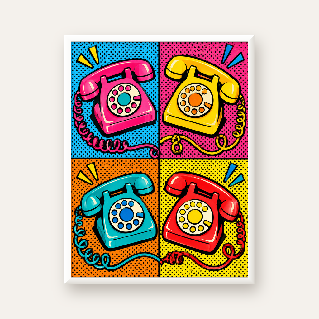 Retro Pop Art Telefonlar Poster – Canlı 4 Bölmeli Tasarım — beyaz çerçeveli dikey poster