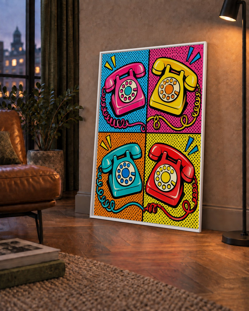 Retro Pop Art Telefonlar Poster – Canlı 4 Bölmeli Tasarım — çerçeveli hâliyle bir ev duvarında