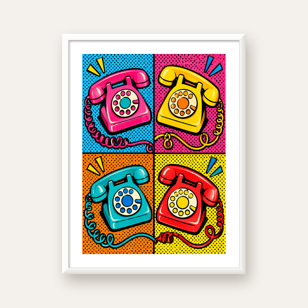 Retro Pop Art Telefonlar Poster – Canlı 4 Bölmeli Tasarım — beyaz çerçeveli dikey poster