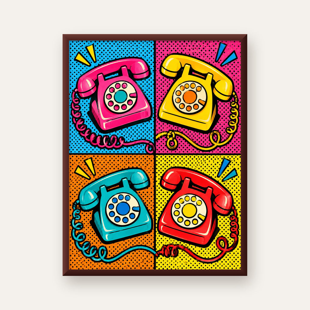 Retro Pop Art Telefonlar Poster – Canlı 4 Bölmeli Tasarım — ceviz çerçeveli