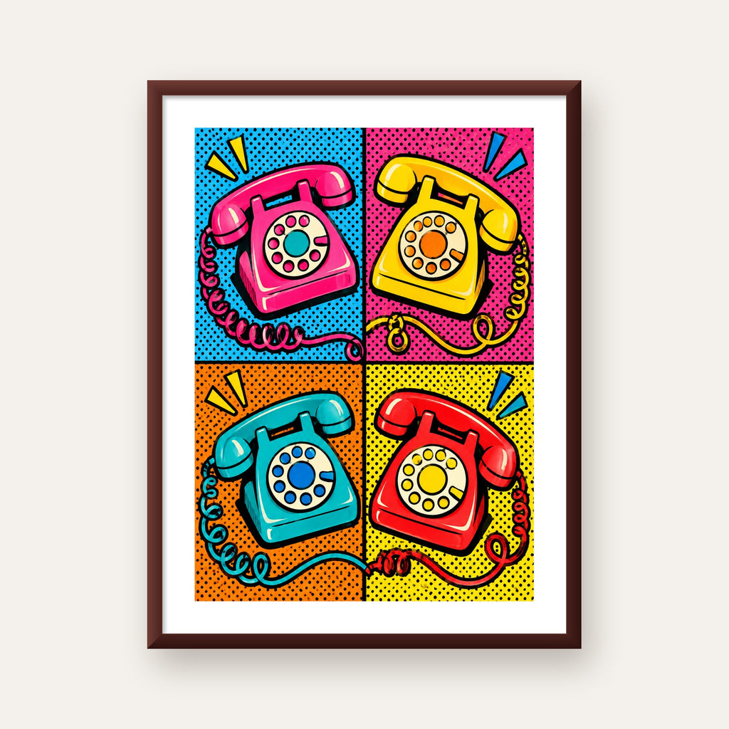 Retro Pop Art Telefonlar Poster – Canlı 4 Bölmeli Tasarım — ceviz çerçeveli paspartulu
