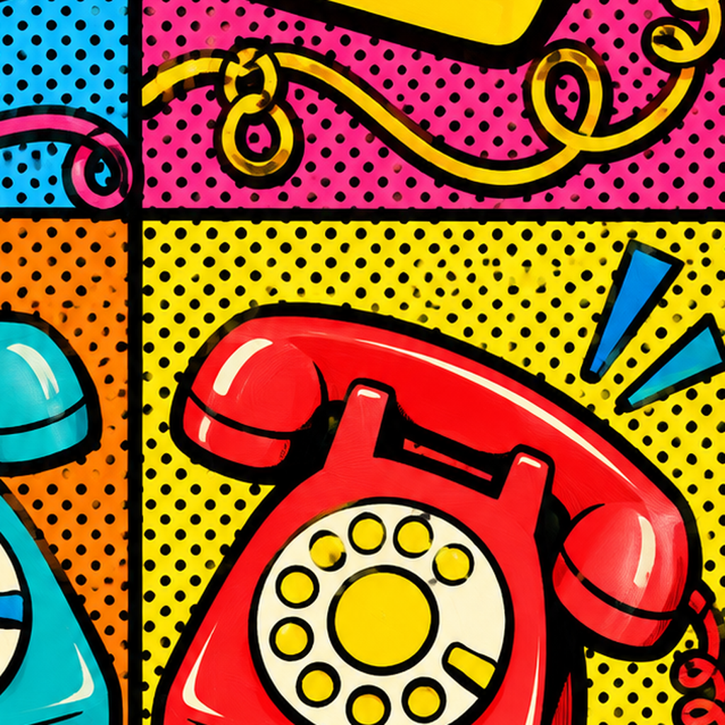 Retro Pop Art Telefonlar Poster – Canlı 4 Bölmeli Tasarım — baskının yakın çekimi, kâğıt dokusu ve renk detayı