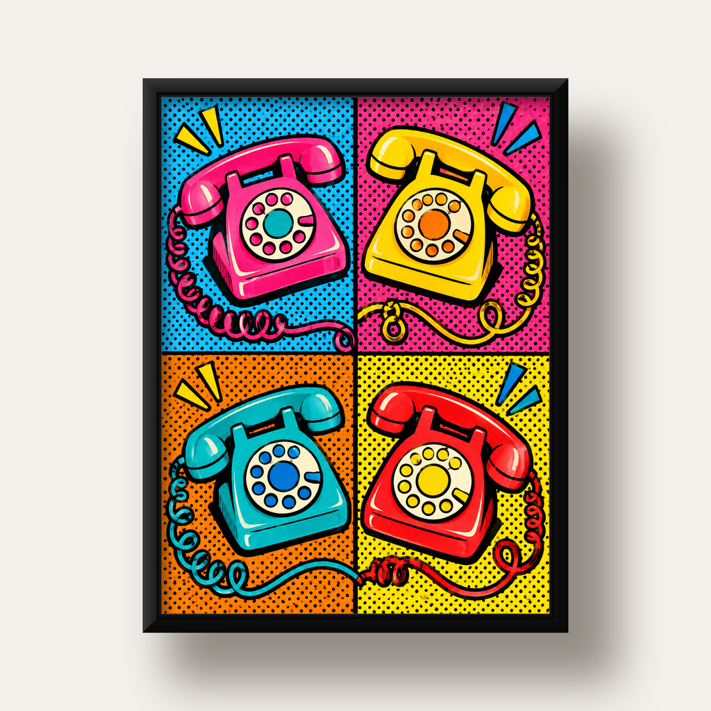 Retro Pop Art Telefonlar Poster – Canlı 4 Bölmeli Tasarım — siyah derin çerçeveli