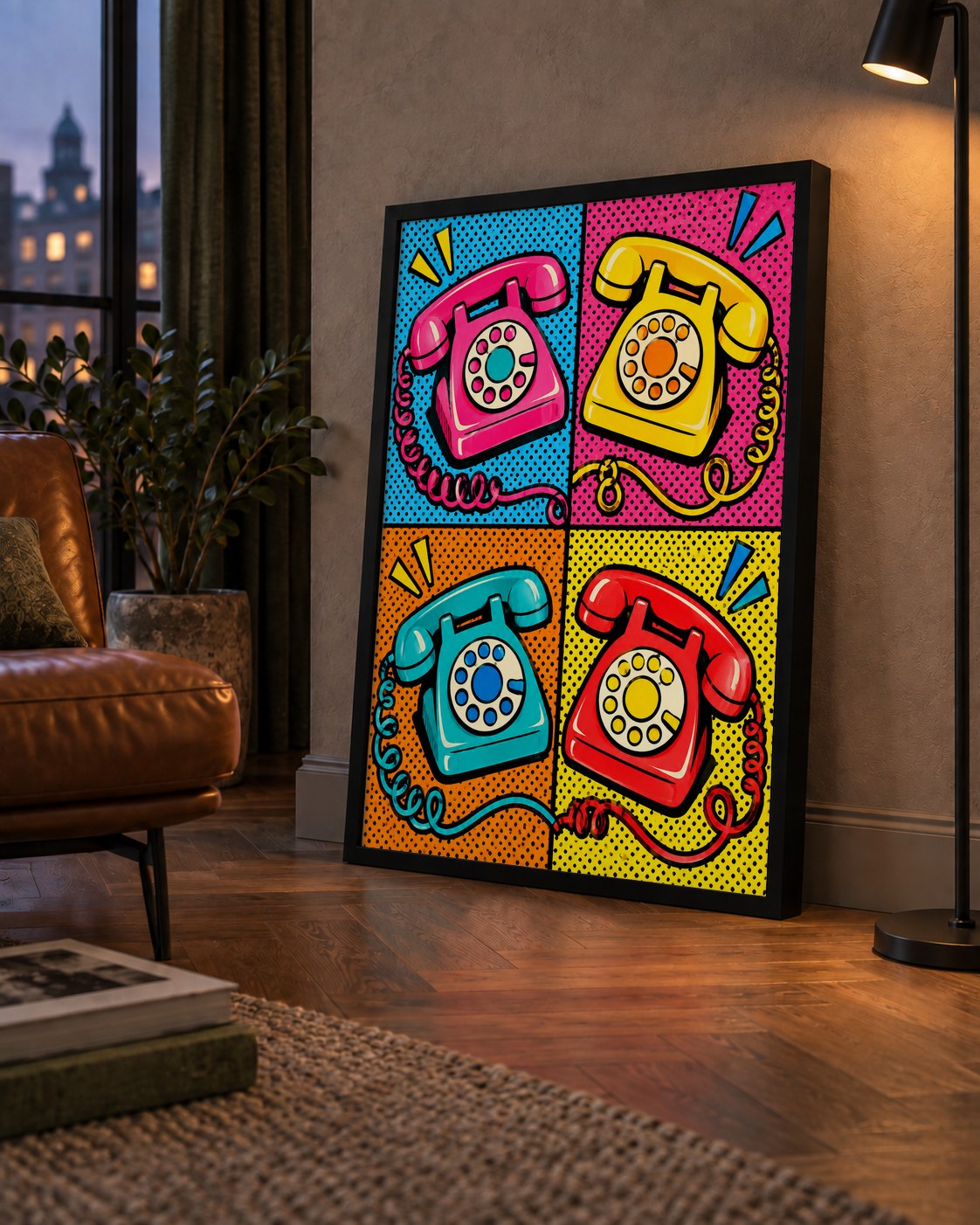 Retro Pop Art Telefonlar Poster – Canlı 4 Bölmeli Tasarım — çerçeveli hâliyle bir ev duvarında