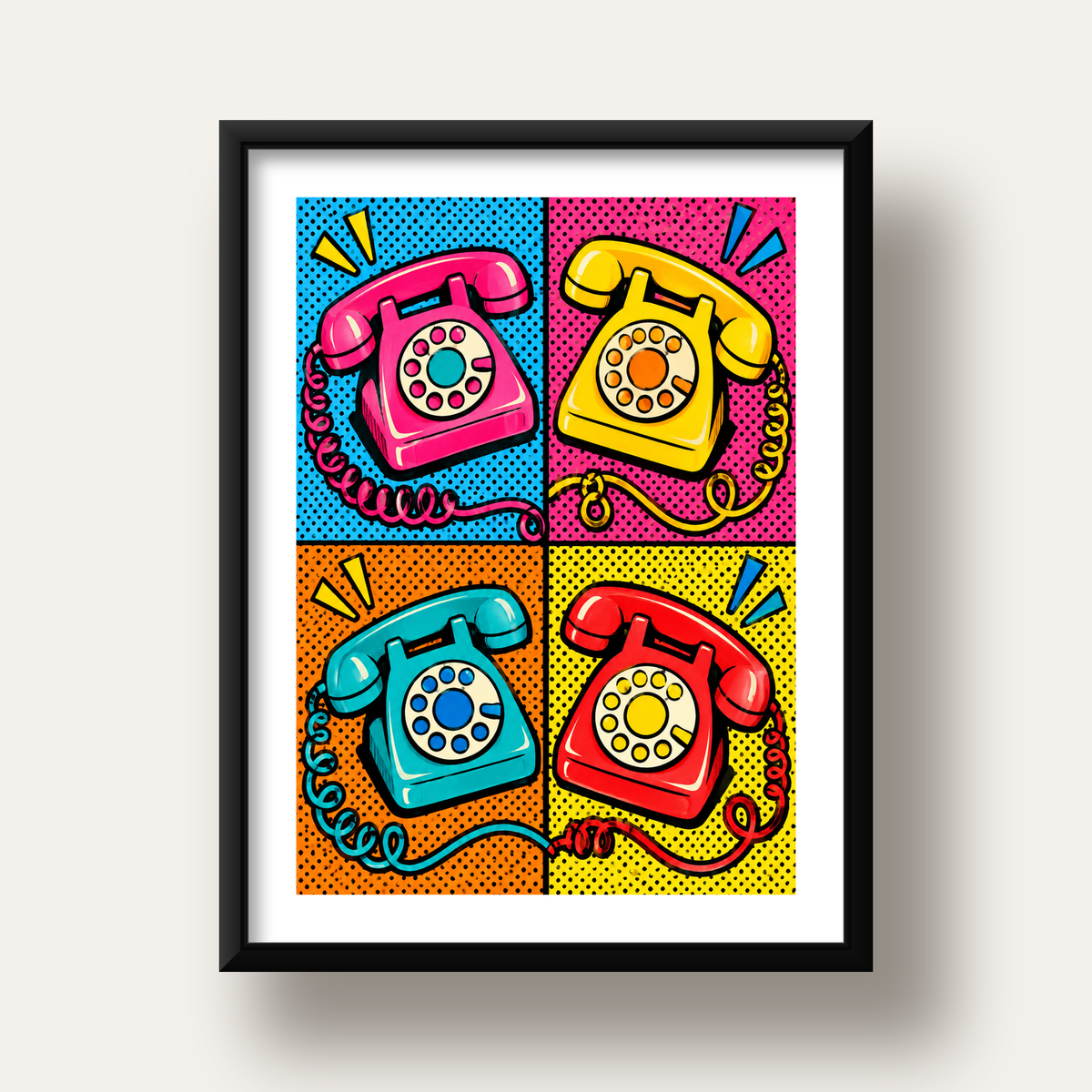 Retro Pop Art Telefonlar Poster – Canlı 4 Bölmeli Tasarım — siyah derin çerçeveli paspartulu