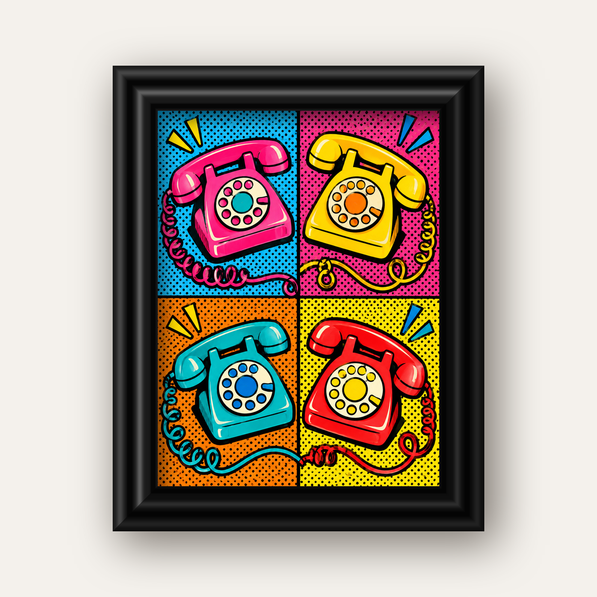 Retro Pop Art Telefonlar Poster – Canlı 4 Bölmeli Tasarım — siyah galeri çerçeveli