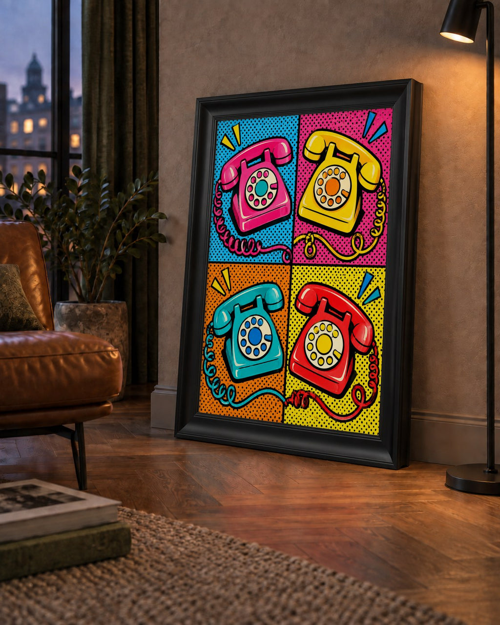 Retro Pop Art Telefonlar Poster – Canlı 4 Bölmeli Tasarım — çerçeveli hâliyle bir ev duvarında