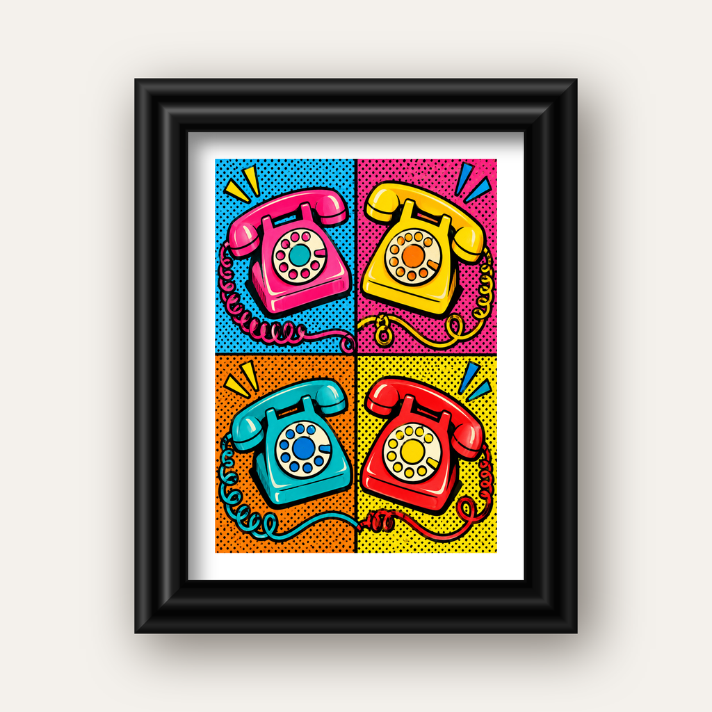 Retro Pop Art Telefonlar Poster – Canlı 4 Bölmeli Tasarım — siyah galeri çerçeveli paspartulu
