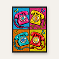 Retro Pop Art Telefonlar Poster – Canlı 4 Bölmeli Tasarım — Dikey baskı, düz siyah çerçeveli duvar posteri