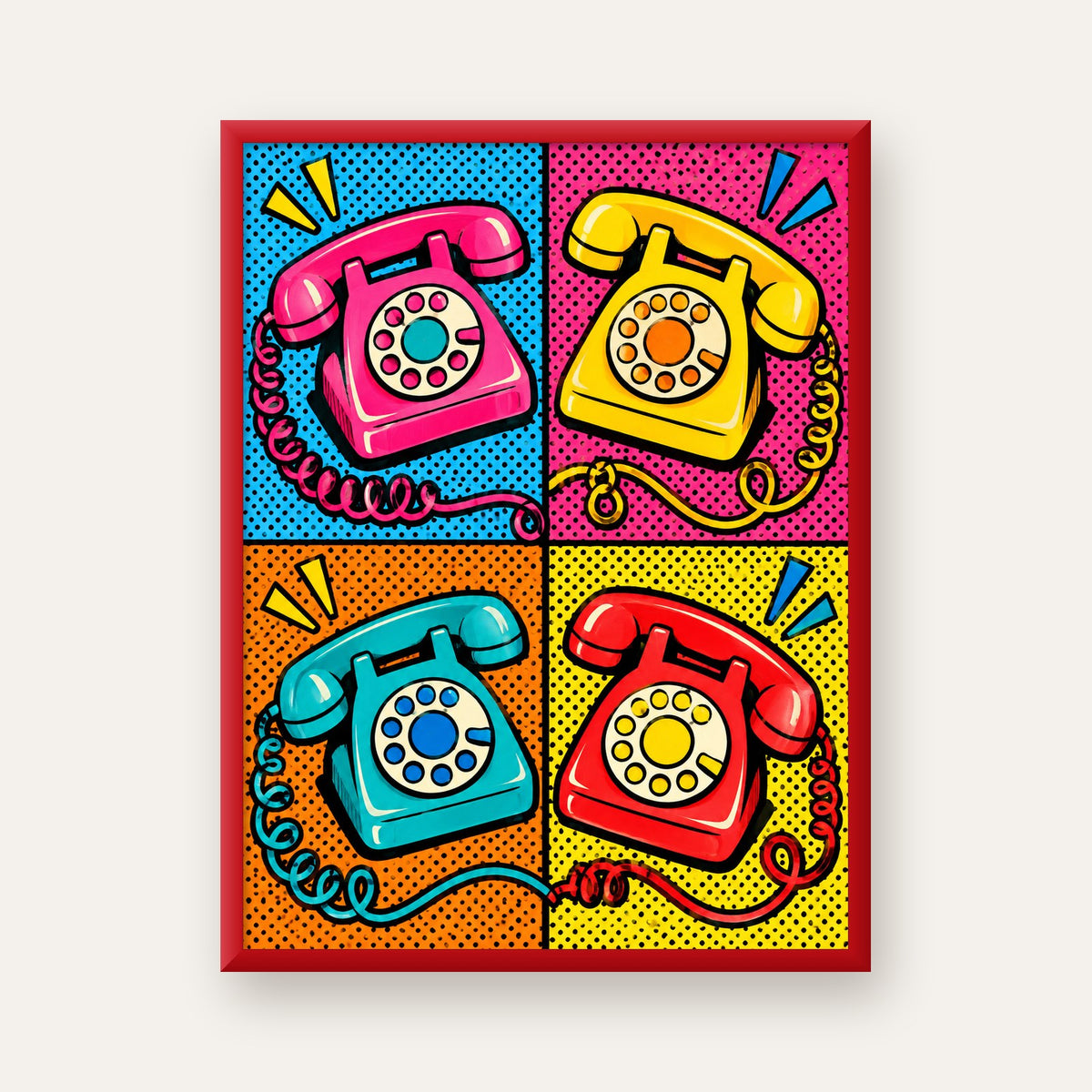 Retro Pop Art Telefonlar Poster – Canlı 4 Bölmeli Tasarım — kırmızı çerçeveli