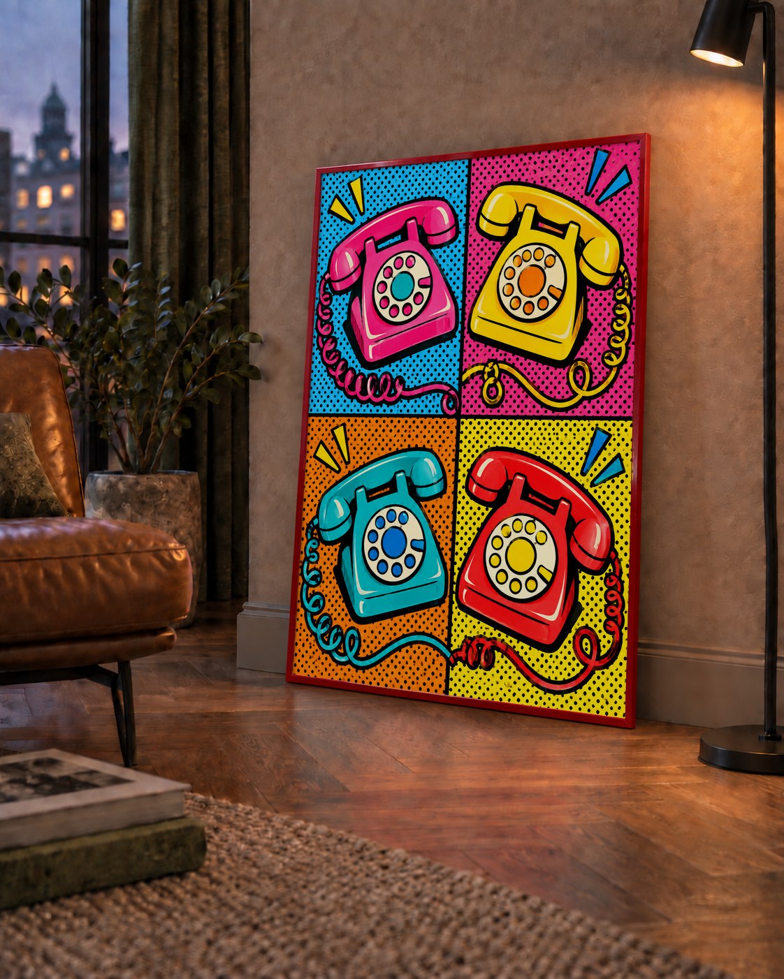 Retro Pop Art Telefonlar Poster – Canlı 4 Bölmeli Tasarım — çerçeveli hâliyle bir ev duvarında