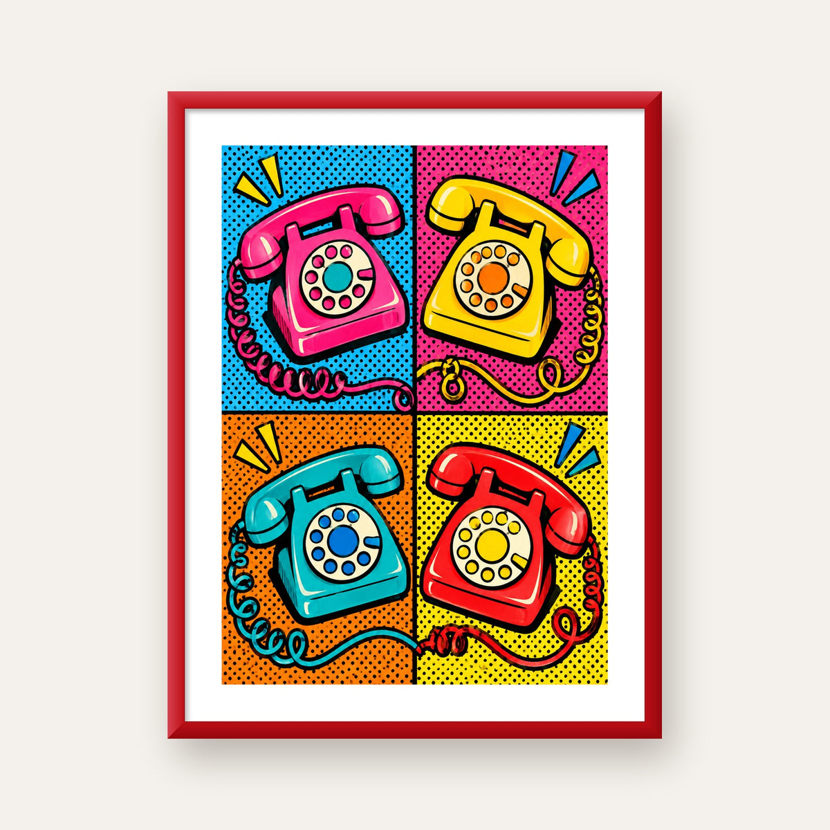 Retro Pop Art Telefonlar Poster – Canlı 4 Bölmeli Tasarım — kırmızı çerçeveli paspartulu