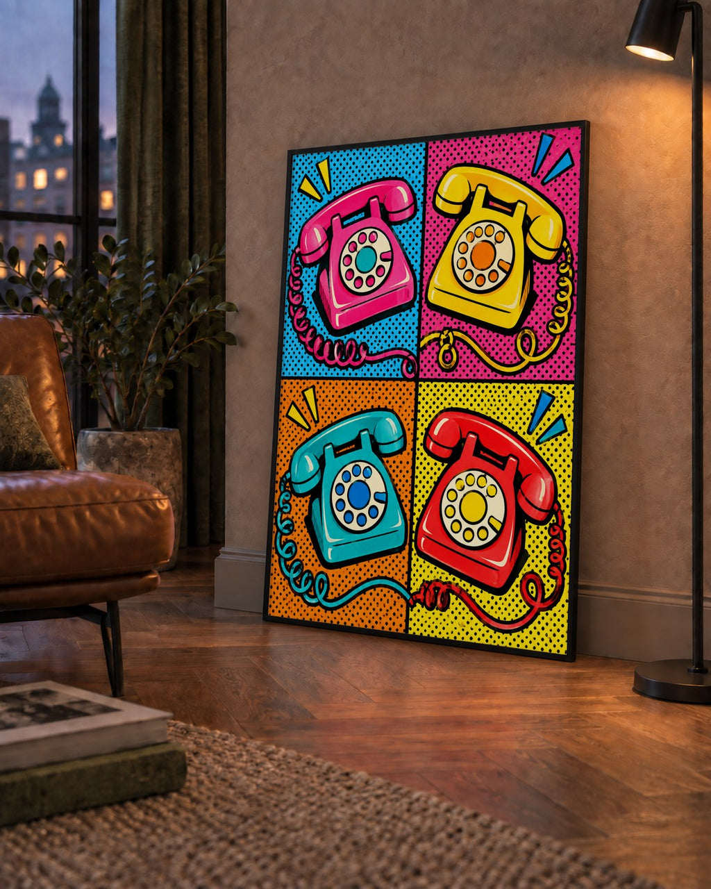 Retro Pop Art Telefonlar Poster – Canlı 4 Bölmeli Tasarım — çerçeveli hâliyle bir ev duvarında