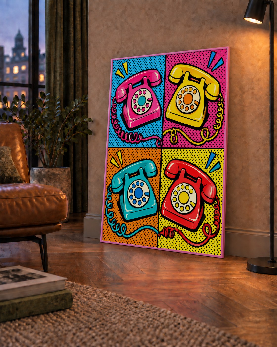 Retro Pop Art Telefonlar Poster – Canlı 4 Bölmeli Tasarım — çerçeveli hâliyle bir ev duvarında