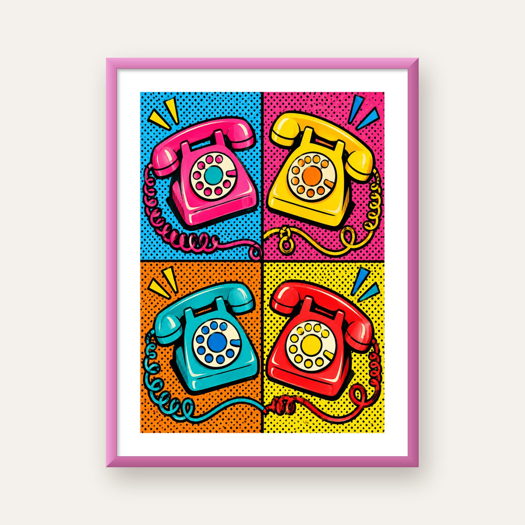 Retro Pop Art Telefonlar Poster – Canlı 4 Bölmeli Tasarım — pembe çerçeveli paspartulu