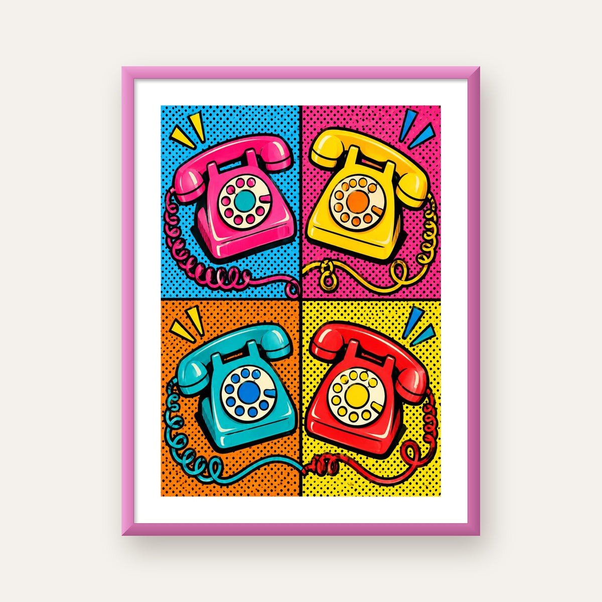 Retro Pop Art Telefonlar Poster – Canlı 4 Bölmeli Tasarım — pembe çerçeveli paspartulu