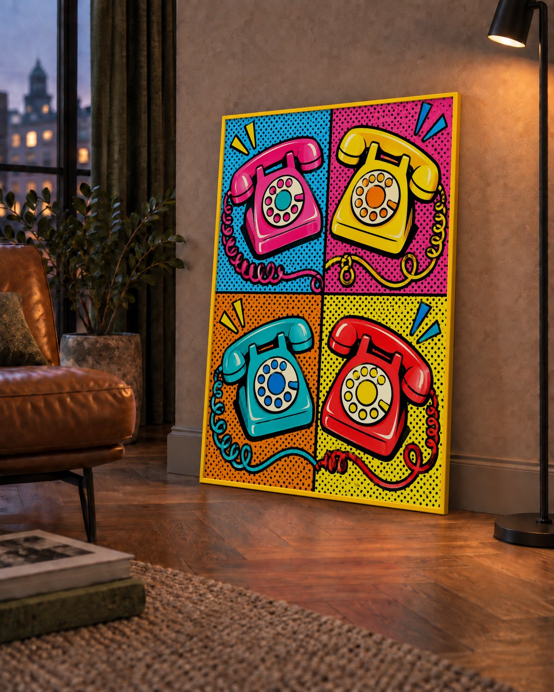Retro Pop Art Telefonlar Poster – Canlı 4 Bölmeli Tasarım — çerçeveli hâliyle bir ev duvarında
