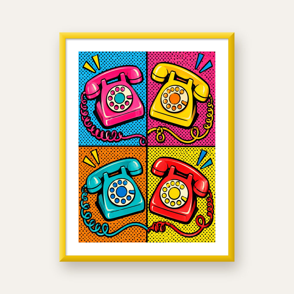 Retro Pop Art Telefonlar Poster – Canlı 4 Bölmeli Tasarım — sarı çerçeveli paspartulu