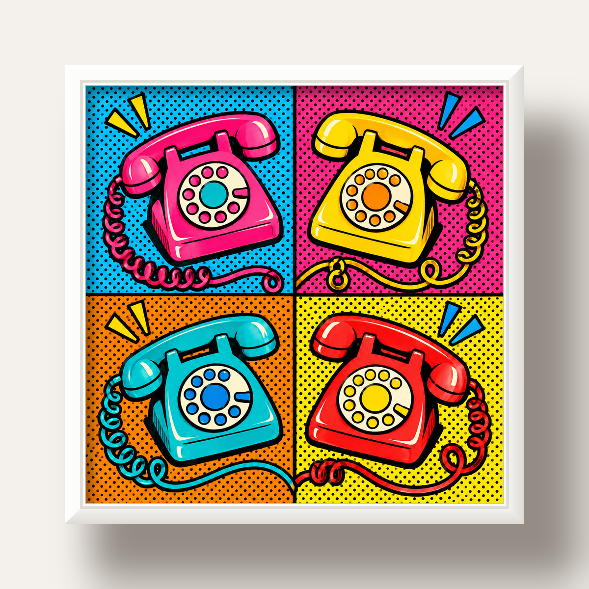 Retro Pop Art Telefonlar Poster – Canlı 4 Bölmeli Tasarım — beyaz derin çerçeveli