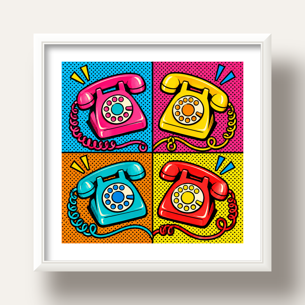Retro Pop Art Telefonlar Poster – Canlı 4 Bölmeli Tasarım — beyaz derin çerçeveli paspartulu