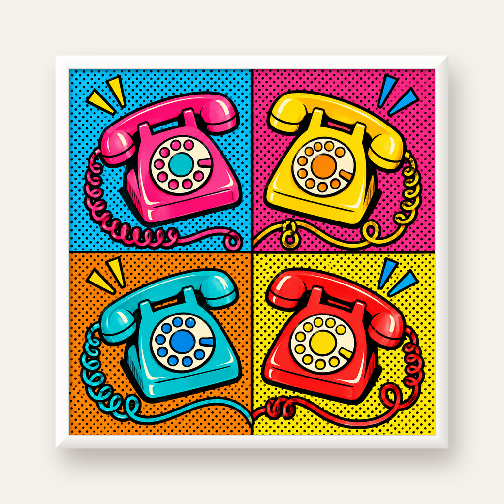 Retro Pop Art Telefonlar Poster – Canlı 4 Bölmeli Tasarım — beyaz çerçeveli kare poster
