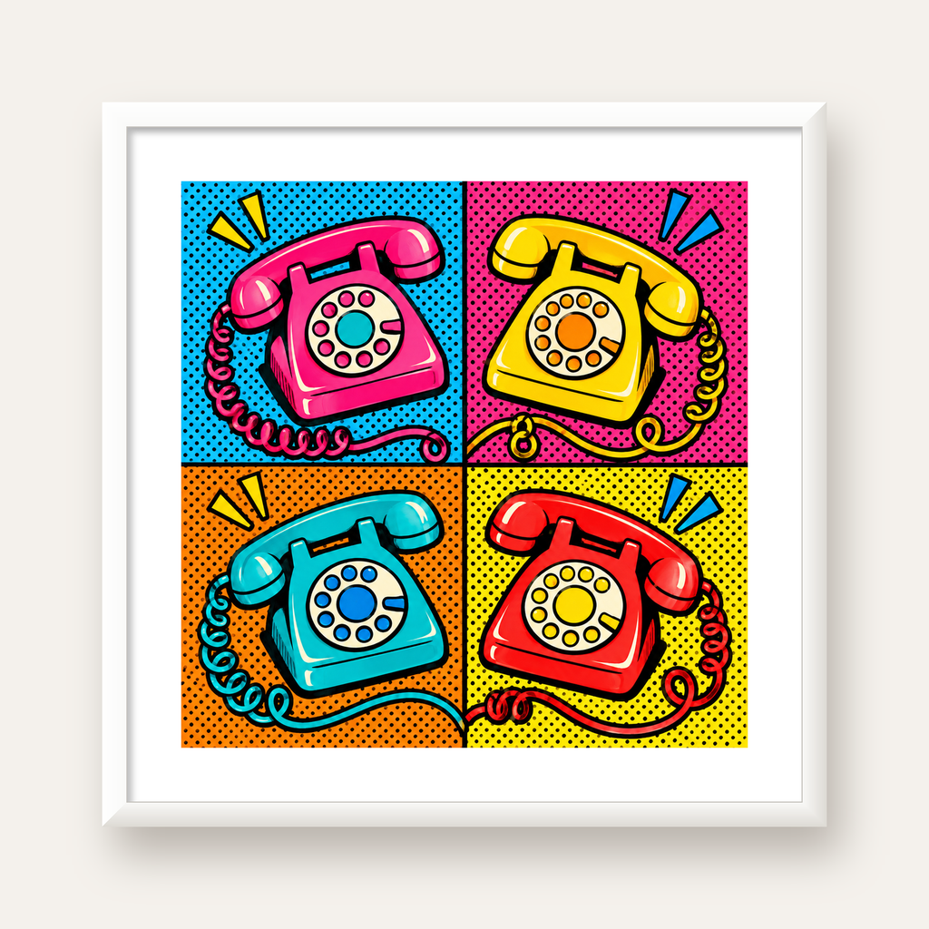 Retro Pop Art Telefonlar Poster – Canlı 4 Bölmeli Tasarım — beyaz çerçeveli kare poster