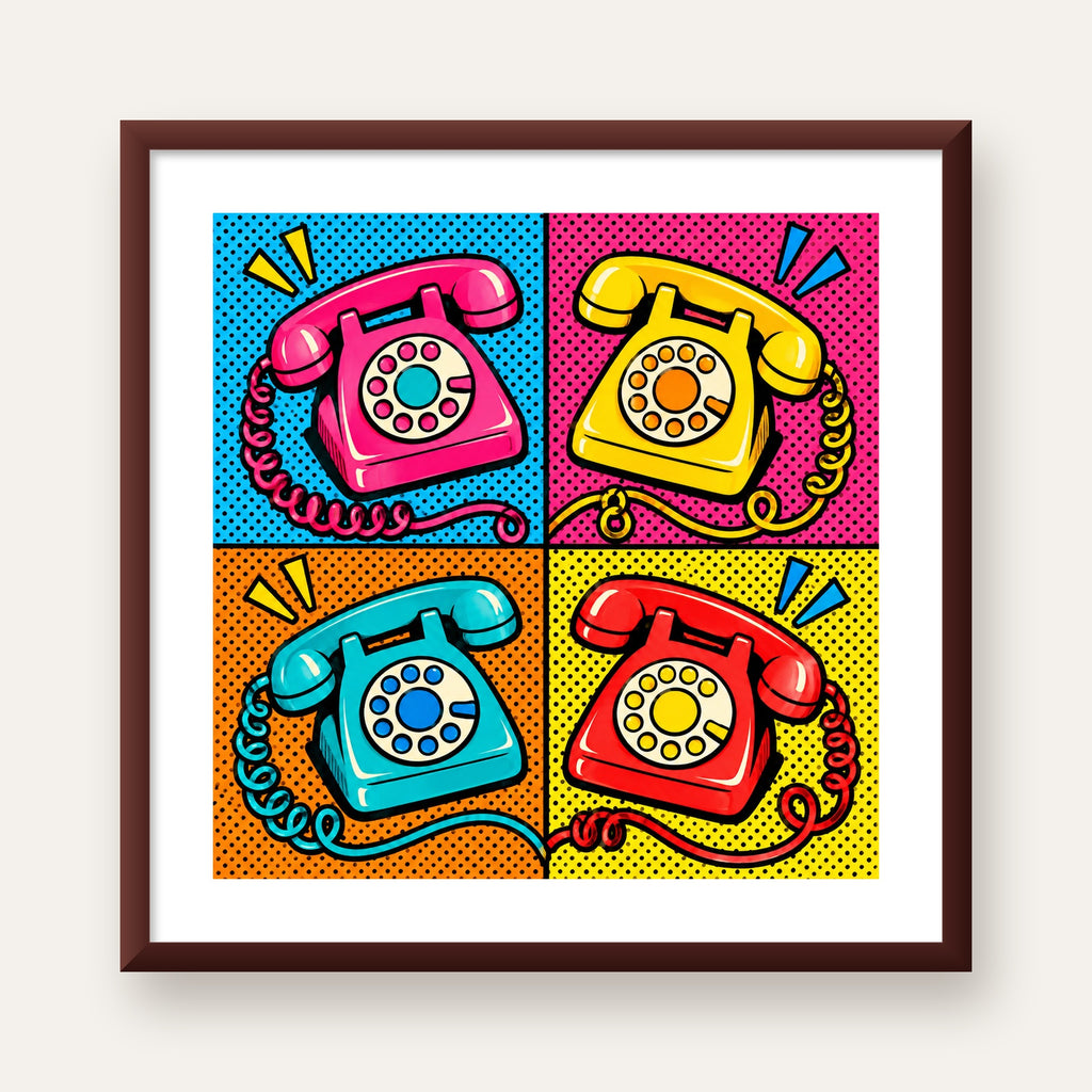 Retro Pop Art Telefonlar Poster – Canlı 4 Bölmeli Tasarım — ceviz çerçeveli paspartulu